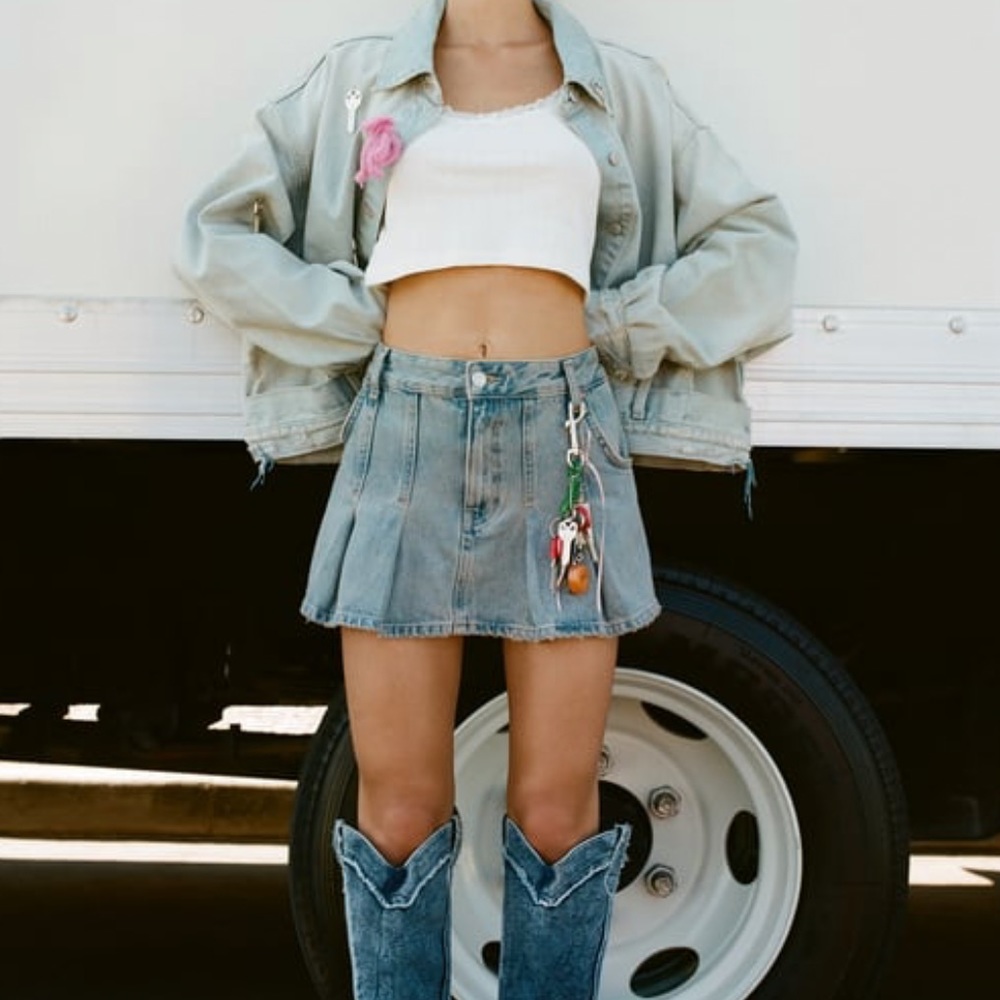 ZARA PLEATED TRF DENIM SKIRT